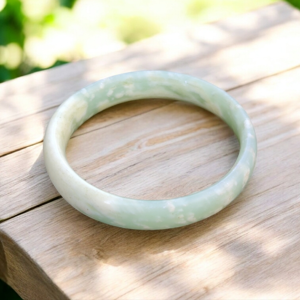 Antique Light Green Jadeite Carved Bangle